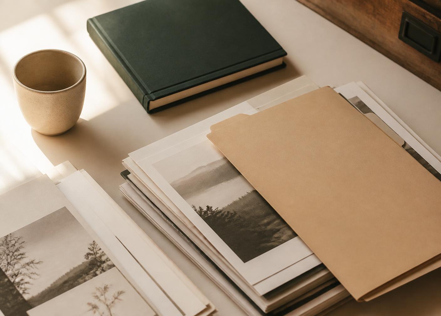 Printed research documents and a folder arranged on a warm desk